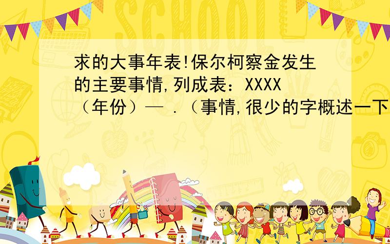 求的大事年表!保尔柯察金发生的主要事情,列成表：XXXX（年份）— .（事情,很少的字概述一下）XXXX — .XXXX