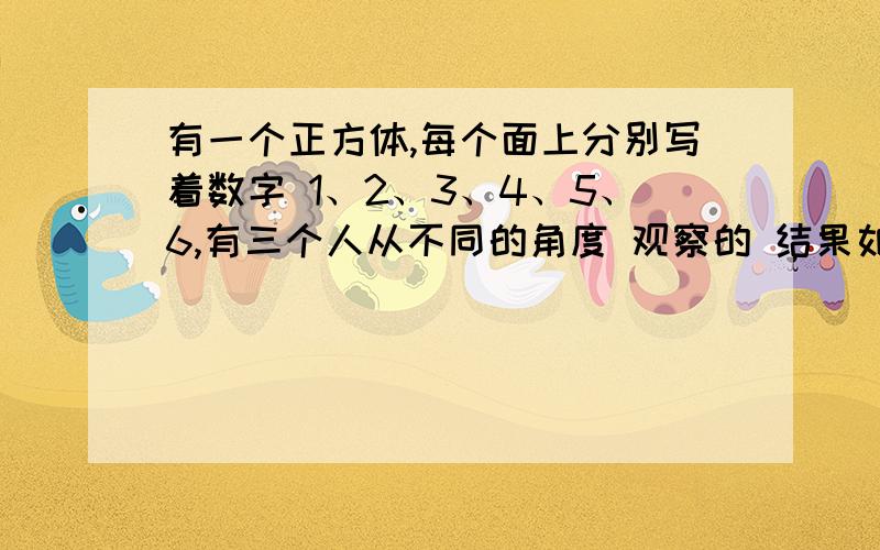 有一个正方体,每个面上分别写着数字 1、2、3、4、5、6,有三个人从不同的角度 观察的 结果如下