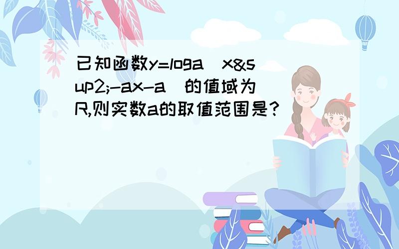 已知函数y=loga(x²-ax-a)的值域为R,则实数a的取值范围是?