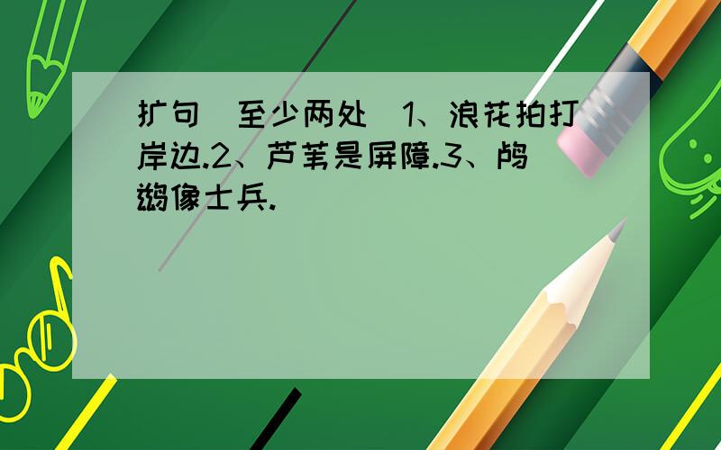 扩句（至少两处）1、浪花拍打岸边.2、芦苇是屏障.3、鸬鹚像士兵.