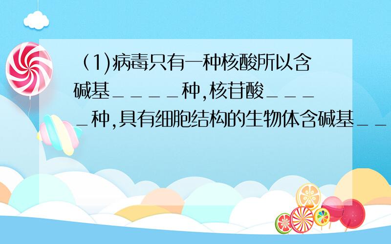 （1)病毒只有一种核酸所以含碱基____种,核苷酸____种,具有细胞结构的生物体含碱基____种,核苷酸____种.