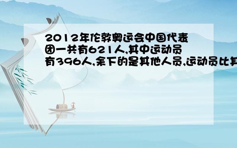 2012年伦敦奥运会中国代表团一共有621人,其中运动员有396人,余下的是其他人员,运动员比其他人员多占总人数的几分之