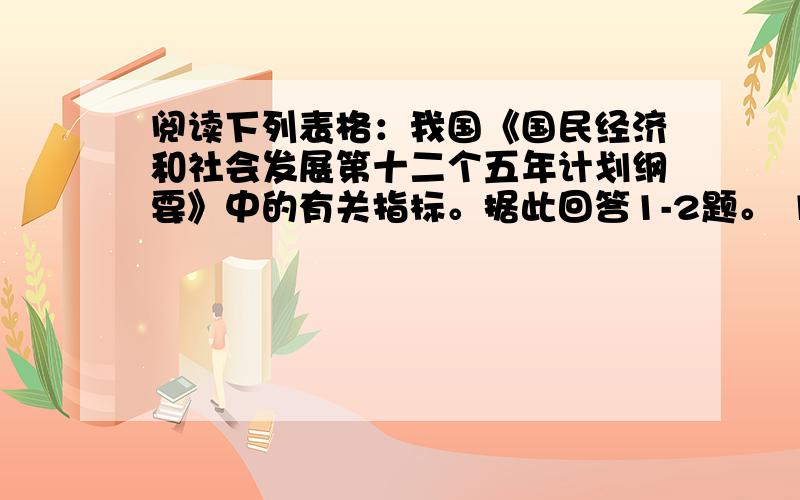 阅读下列表格：我国《国民经济和社会发展第十二个五年计划纲要》中的有关指标。据此回答1-2题。 1．从上述指标中，我们可以