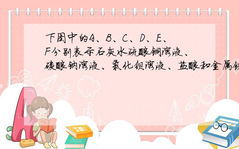 下图中的A、B、C、D、E、F分别表示石灰水硫酸铜溶液、碳酸钠溶液、氯化钡溶液、盐酸和金属铁,