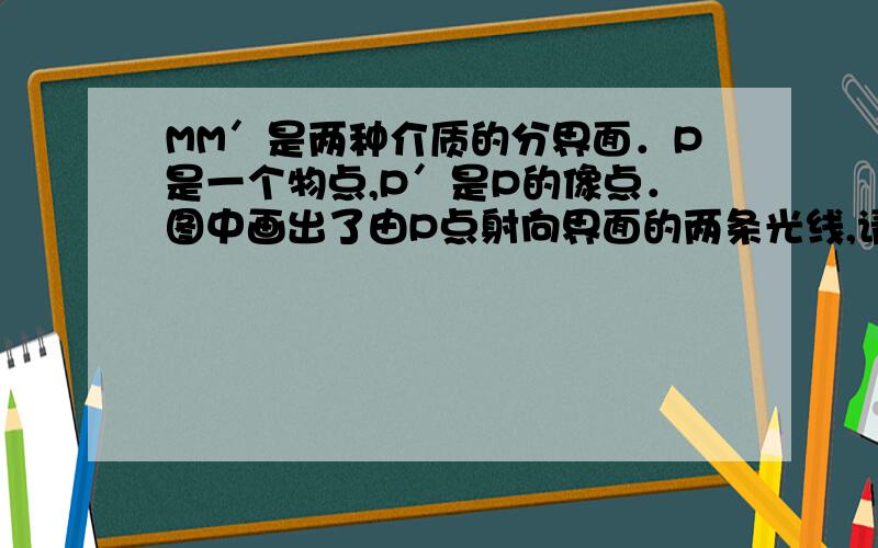 MM′是两种介质的分界面．P是一个物点,P′是P的像点．图中画出了由P点射向界面的两条光线,请画出这两条光线进入另一种介