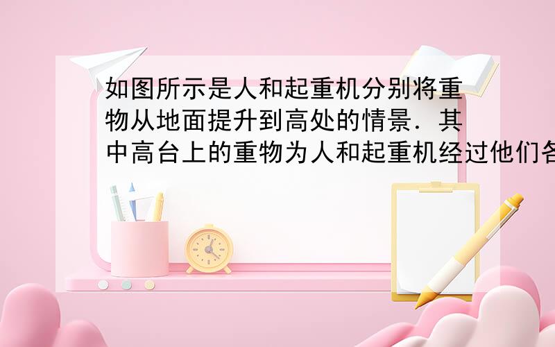 如图所示是人和起重机分别将重物从地面提升到高处的情景．其中高台上的重物为人和起重机经过他们各自下方的时钟所显示的时间内提