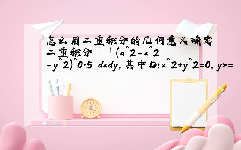 怎么用二重积分的几何意义确定二重积分∫∫(a^2-x^2-y^2)^0.5 dxdy,其中D:x^2+y^2=0,y>=