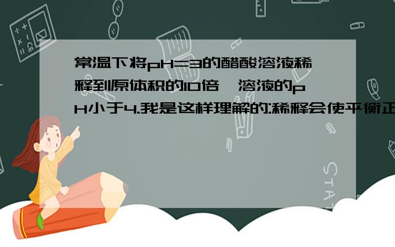 常温下将pH=3的醋酸溶液稀释到原体积的10倍,溶液的pH小于4.我是这样理解的:稀释会使平衡正向移动,氢离子浓度减小,