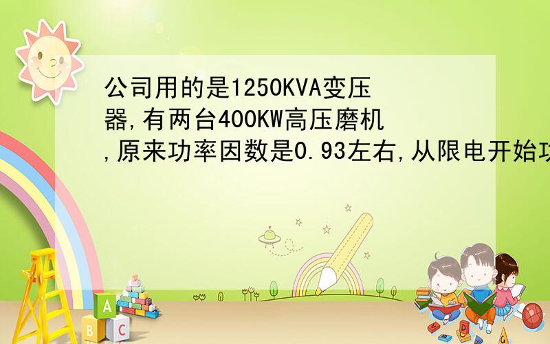 公司用的是1250KVA变压器,有两台400KW高压磨机,原来功率因数是0.93左右,从限电开始功率因数变为0.86,求