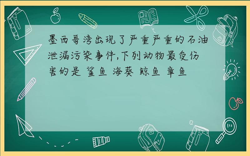 墨西哥湾出现了严重严重的石油泄漏污染事件,下列动物最受伤害的是 鲨鱼 海葵 鲸鱼 章鱼