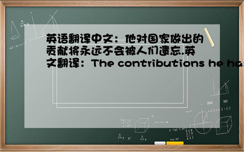 英语翻译中文：他对国家做出的贡献将永远不会被人们遗忘.英文翻译：The contributions he has mad