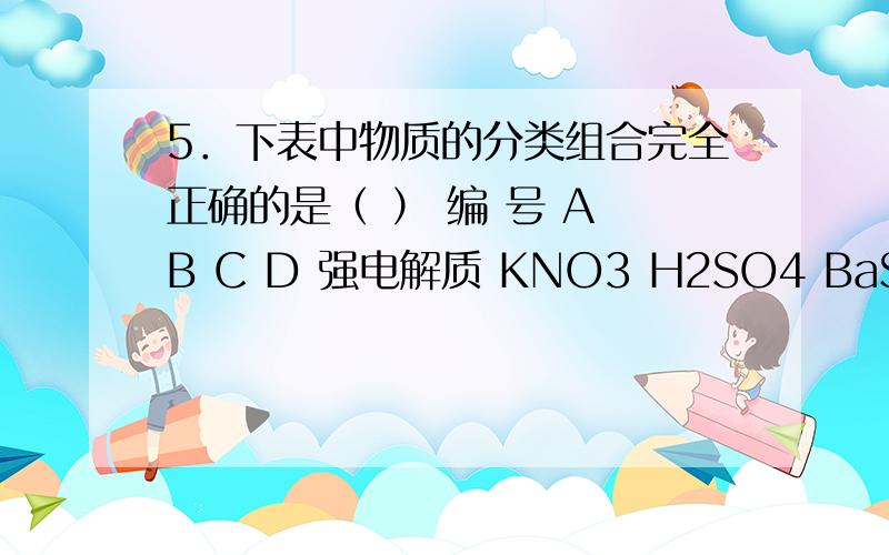 5．下表中物质的分类组合完全正确的是（ ） 编 号 A B C D 强电解质 KNO3 H2SO4 BaSO4 HClO