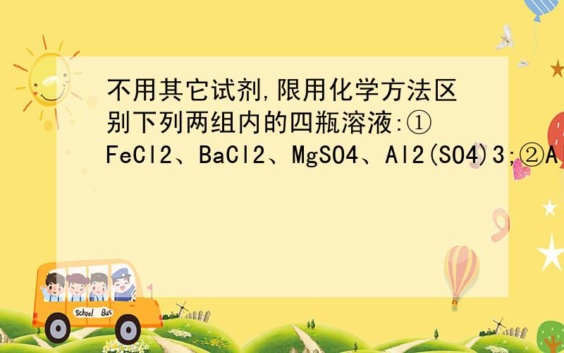 不用其它试剂,限用化学方法区别下列两组内的四瓶溶液:① FeCl2、BaCl2、MgSO4、Al2(SO4)3;②Al2