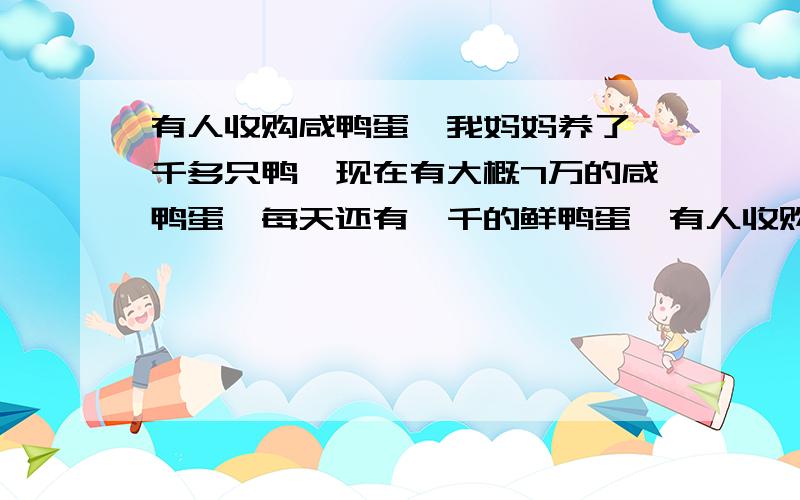 有人收购咸鸭蛋,我妈妈养了一千多只鸭,现在有大概7万的咸鸭蛋,每天还有一千的鲜鸭蛋,有人收购吗?实在很着急,看着妈妈每天