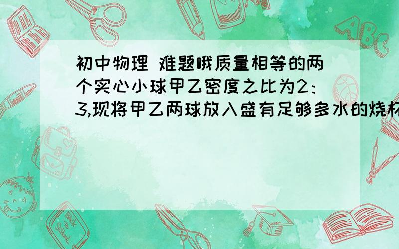 初中物理 难题哦质量相等的两个实心小球甲乙密度之比为2：3,现将甲乙两球放入盛有足够多水的烧杯中 当甲乙两球静止时受到浮