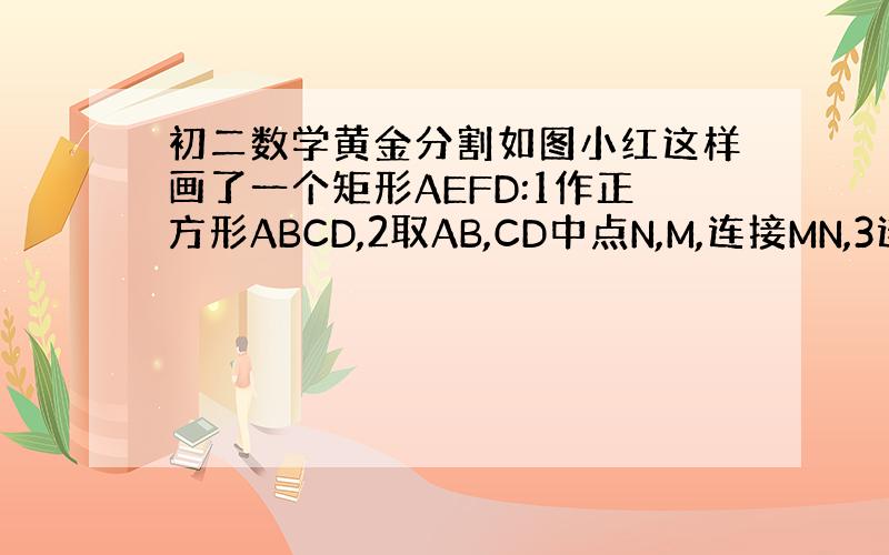 初二数学黄金分割如图小红这样画了一个矩形AEFD:1作正方形ABCD,2取AB,CD中点N,M,连接MN,3连接NC,4