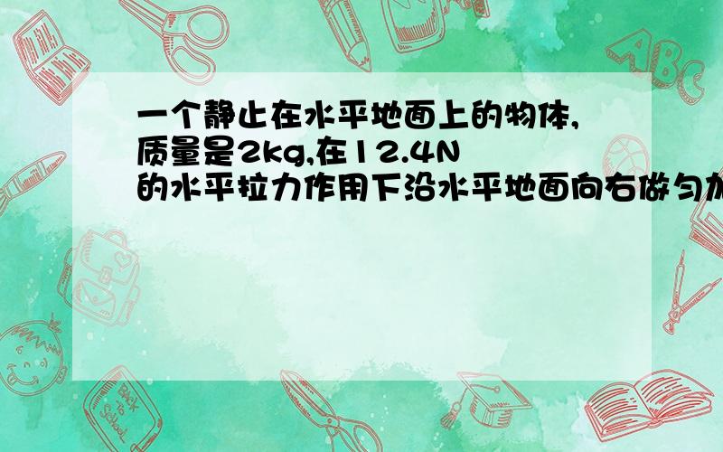 一个静止在水平地面上的物体,质量是2kg,在12.4N 的水平拉力作用下沿水平地面向右做匀加速运动,物体与水平地面的滑动