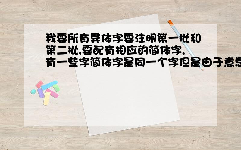 我要所有异体字要注明第一批和第二批,要配有相应的简体字,有一些字简体字是同一个字但是由于意思或读音的不同异体字不是同一个