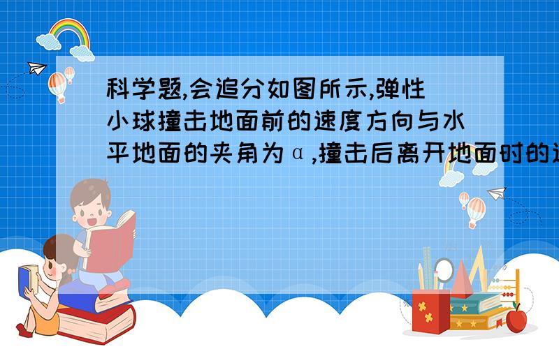 科学题,会追分如图所示,弹性小球撞击地面前的速度方向与水平地面的夹角为α,撞击后离开地面时的速度方向与水平地面的夹角为β