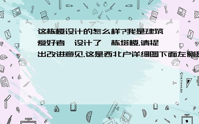 这栋楼设计的怎么样?我是建筑爱好者,设计了一栋塔楼.请提出改进意见.这是西北户详细图下面左侧是修改过的.