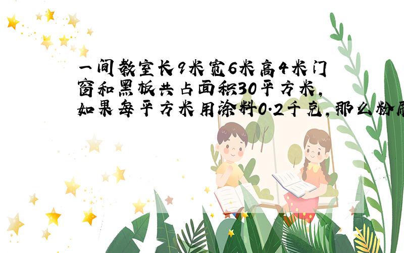 一间教室长9米宽6米高4米门窗和黑板共占面积30平方米,如果每平方米用涂料0.2千克,那么粉刷这件教室需用