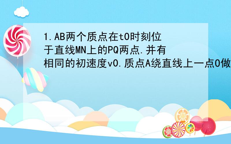 1.AB两个质点在t0时刻位于直线MN上的PQ两点.并有相同的初速度v0.质点A绕直线上一点O做匀速圆周运动,OP=R.