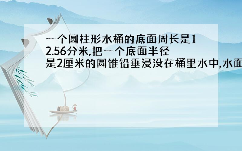 一个圆柱形水桶的底面周长是12.56分米,把一个底面半径是2厘米的圆锥铅垂浸没在桶里水中,水面升高0.3厘米,求铅锤的高