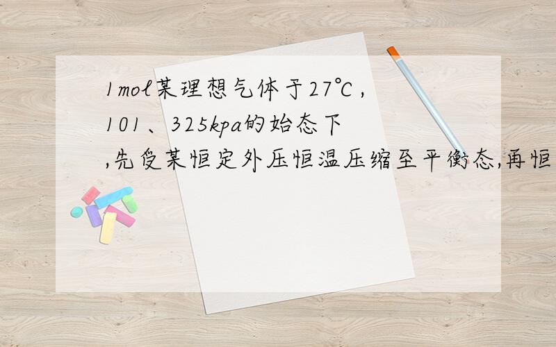 1mol某理想气体于27℃,101、325kpa的始态下,先受某恒定外压恒温压缩至平衡态,再恒容升温至97℃,250kp