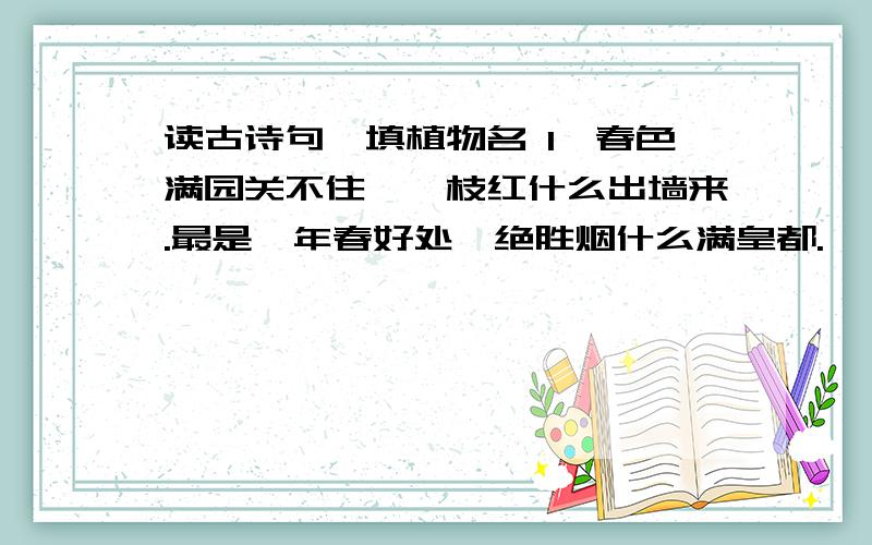 读古诗句,填植物名 1、春色满园关不住,一枝红什么出墙来.最是一年春好处,绝胜烟什么满皇都.羌