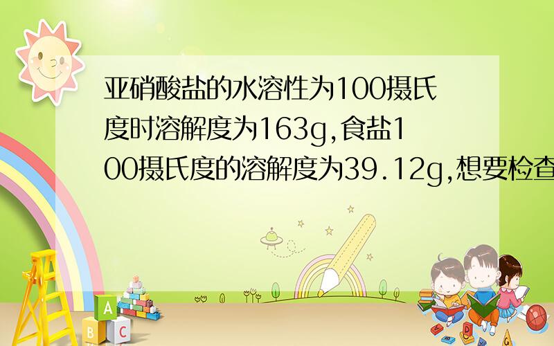 亚硝酸盐的水溶性为100摄氏度时溶解度为163g,食盐100摄氏度的溶解度为39.12g,想要检查食盐中有无亚硝酸盐.