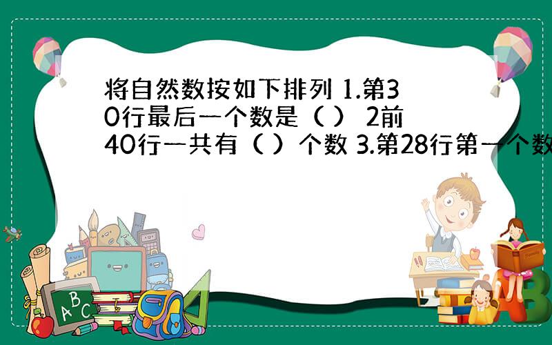 将自然数按如下排列 1.第30行最后一个数是（ ） 2前40行一共有（ ）个数 3.第28行第一个数是（ ）