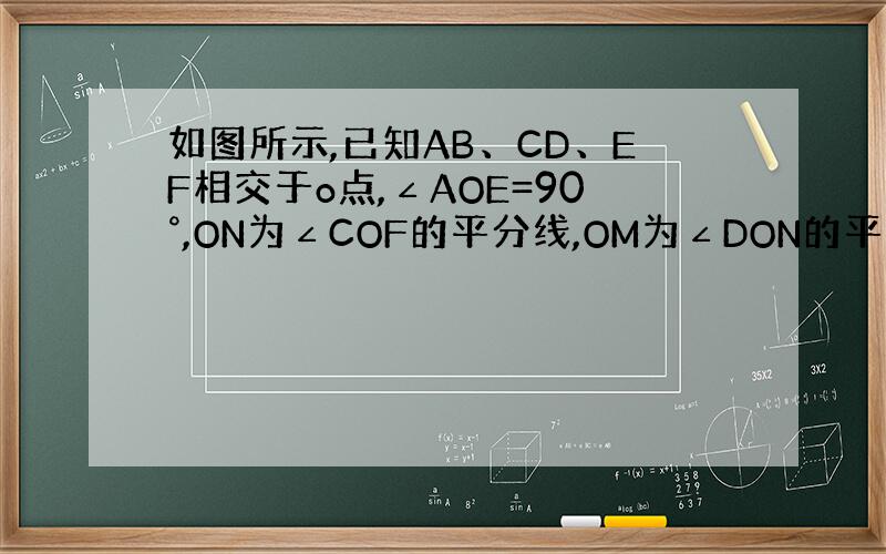 如图所示,已知AB、CD、EF相交于o点,∠AOE=90°,ON为∠COF的平分线,OM为∠DON的平分线