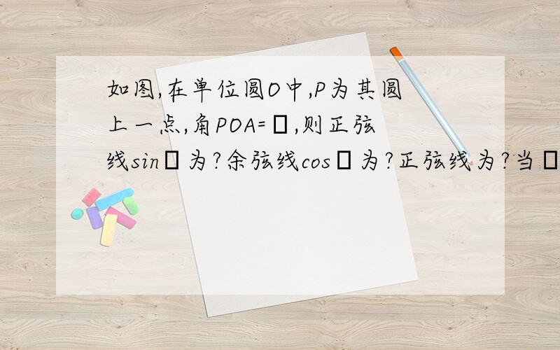 如图,在单位圆O中,P为其圆上一点,角POA=α,则正弦线sinα为?余弦线cosα为?正弦线为?当α∈（0,π/2