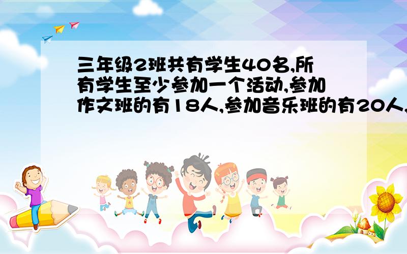 三年级2班共有学生40名,所有学生至少参加一个活动,参加作文班的有18人,参加音乐班的有20人,参加奥数班的有17人,即