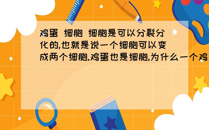 鸡蛋 细胞 细胞是可以分裂分化的,也就是说一个细胞可以变成两个细胞.鸡蛋也是细胞,为什么一个鸡蛋不会变成两个鸡蛋.人的出