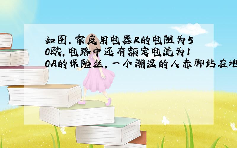 如图,家庭用电器R的电阻为50欧,电路中还有额定电流为10A的保险丝,一个潮湿的人赤脚站在地上,由于不小