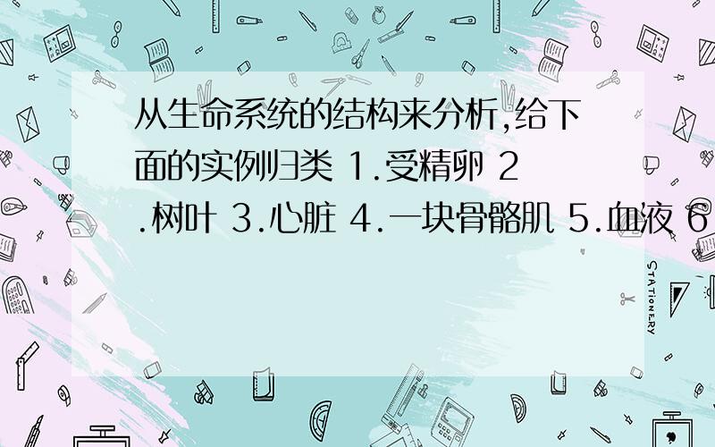 从生命系统的结构来分析,给下面的实例归类 1.受精卵 2.树叶 3.心脏 4.一块骨骼肌 5.血液 6.筛管