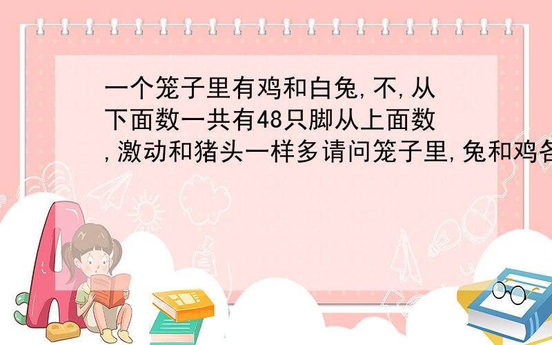 一个笼子里有鸡和白兔,不,从下面数一共有48只脚从上面数,激动和猪头一样多请问笼子里,兔和鸡各几只?