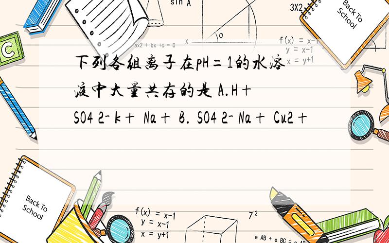 下列各组离子在pH=1的水溶液中大量共存的是 A.H+ SO4 2- k+ Na+ B. SO4 2- Na+ Cu2+