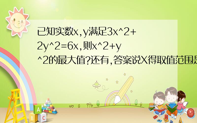 已知实数x,y满足3x^2+2y^2=6x,则x^2+y^2的最大值?还有,答案说X得取值范围是 (o,2)闭区间,为什