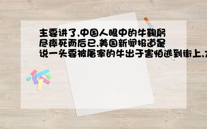 主要讲了,中国人眼中的牛鞠躬尽瘁死而后已,美国新闻报道是说一头要被屠宰的牛出于害怕逃到街上,大家都礼貌地让道,警察还吻了