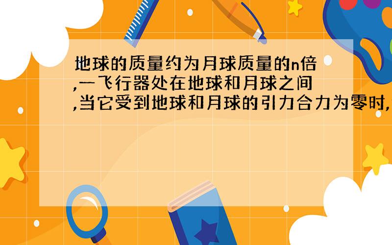 地球的质量约为月球质量的n倍,一飞行器处在地球和月球之间,当它受到地球和月球的引力合力为零时,该飞行器