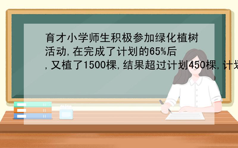 育才小学师生积极参加绿化植树活动,在完成了计划的65%后,又植了1500棵,结果超过计划450棵,计划植树