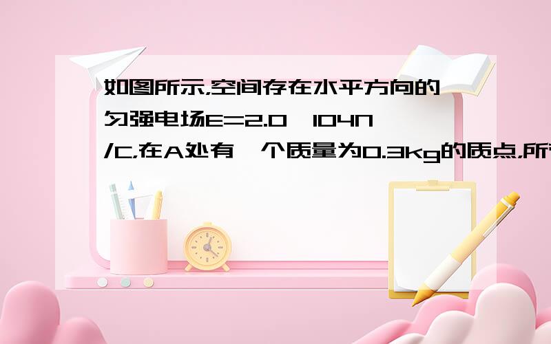 如图所示，空间存在水平方向的匀强电场E=2.0×104N/C，在A处有一个质量为0.3kg的质点，所带电荷量为q=+2.