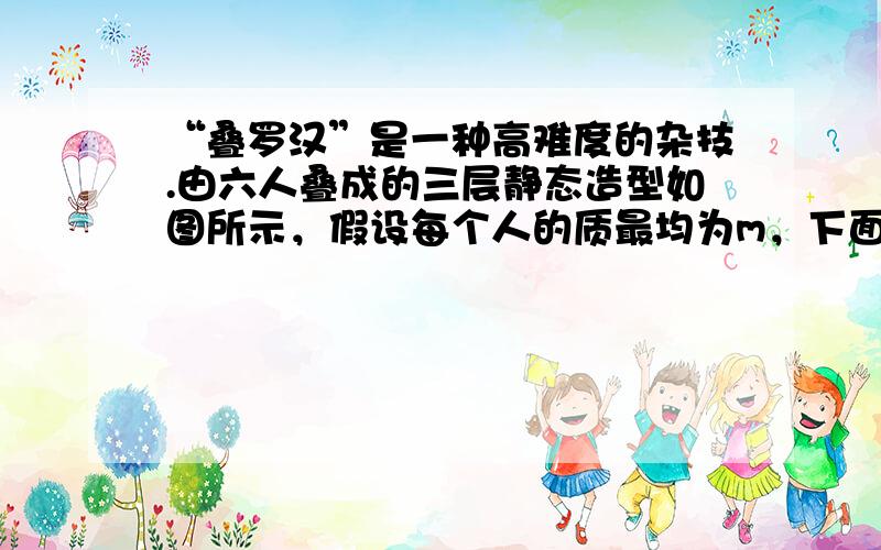 “叠罗汉”是一种高难度的杂技.由六人叠成的三层静态造型如图所示，假设每个人的质最均为m，下面五人弯腰后背部呈水平状态，则