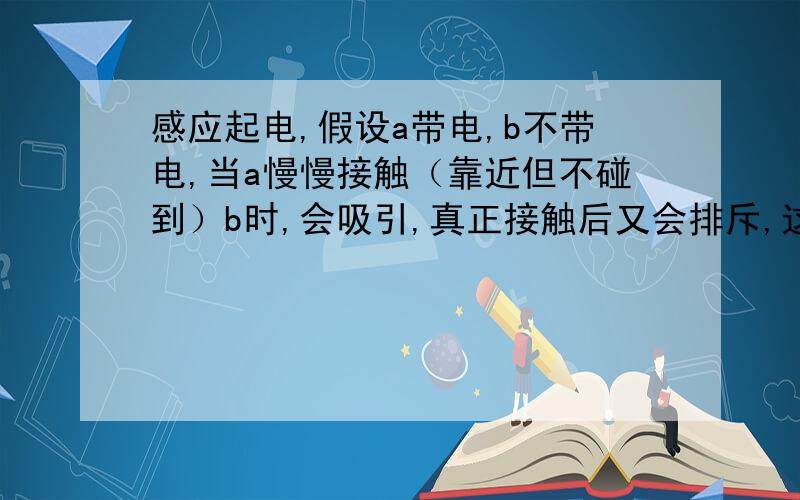 感应起电,假设a带电,b不带电,当a慢慢接触（靠近但不碰到）b时,会吸引,真正接触后又会排斥,这么说是对的吧?那么当b接