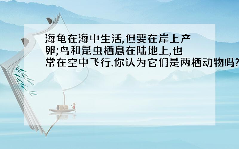 海龟在海中生活,但要在岸上产卵;鸟和昆虫栖息在陆地上,也常在空中飞行.你认为它们是两栖动物吗?为什么?