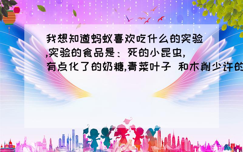 我想知道蚂蚁喜欢吃什么的实验,实验的食品是：死的小昆虫,有点化了的奶糖,青菜叶子 和木削少许的实验答