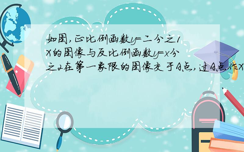 如图,正比例函数y=二分之1X的图像与反比例函数y=x分之2在第一象限的图像交于A点,过A点作X轴的垂线