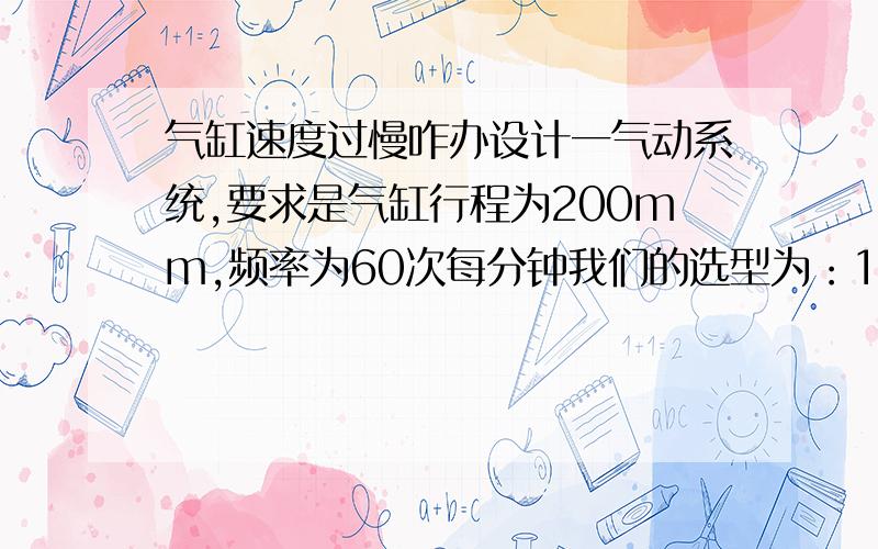 气缸速度过慢咋办设计一气动系统,要求是气缸行程为200mm,频率为60次每分钟我们的选型为：1、气缸选型为：160 2、